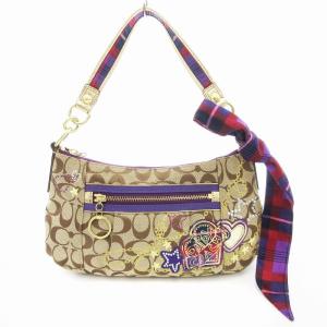 シグネチャー ハンドバッグ ショルダー ワンハンドル キャンバス リボン 茶 ブラウン 紫 パープル 15880