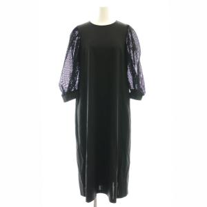 23SS メッシュタックスリーブワンピース ミモレ ロング 七分袖 36 黒 ブラック 0223132270