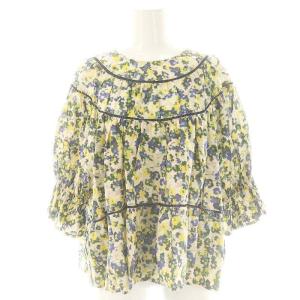 23AW Sol Print Blue-Floral-Print ブラウス ギャザー 七分袖 XS アイボリー
