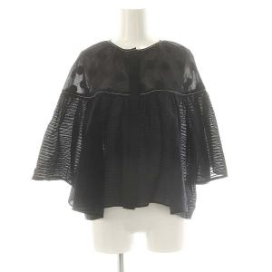 24SS テクスチャーコンビ サーキュラースリーブブラウス シャツ ラメ シルク混 36 ブラック ネイビー