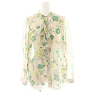 24SS リンズフラワープリントブラウス シャツ 長袖 シルク 36 ベージュ グリーン マルチカラー