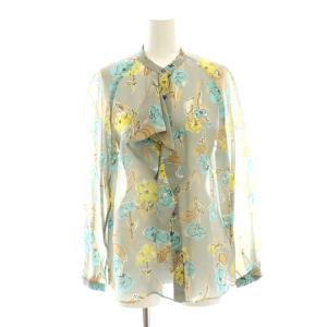 24SS リンズフラワープリントボウタイブラウス 長袖 シアー シースルー 36 グレー /AT OS
