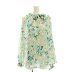 24SS ヒビスカスフラワープリント ボウタイギャザーブラウス 長袖 シアー シースルー 36 グレー