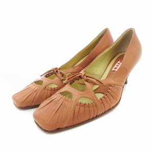 パンプス リボン ギャザーデザイン 37 茶 ブラウン /JS SH