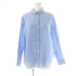 リネン混 ストライプ シャツ スタンドカラー 長袖 M 青 ブルー 白 ホワイト /AT OS