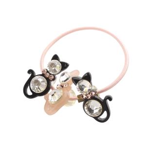 ラインストーン装飾 ねこ ヘアゴム ピンク 黒 ブラック /SR18