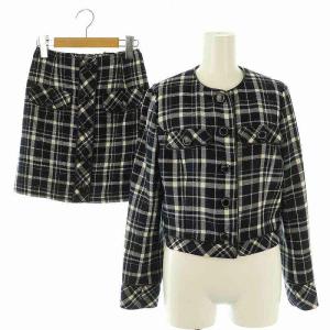チェック柄 ジャケット ノーカラー スカート ミニ セットアップ S ネイビー /HK OS