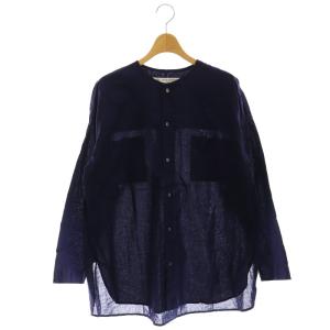 22SS キャンブリック ノーカラーシャツ 長袖 チュニック丈 F 紺 ネイビー /AT OS