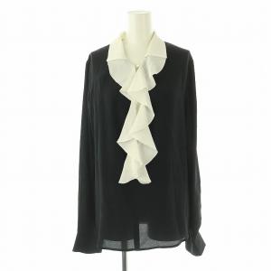 24SS シルク混フリルブラウス 長袖 バイカラー プルオーバー 36 黒 白 /CX OS