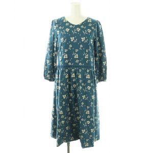 花柄刺繍 ワンピース ミモレ ロング 七分袖 9 青 ブルー /AT OS