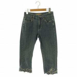 ぶたさん アニマル刺繍 デニム サブリナパンツ ストレッチ S ブルー /HK OS