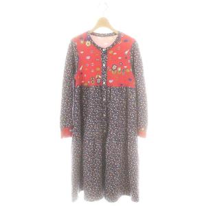 花柄 ワンピース ミモレ ロング 長袖 M 紺 ネイビー 赤 レッド /AT OS