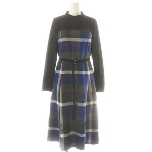 24AW クレストブリッジチェック ワンピース 切替 ベルト付き 34 紺 青 グレー /MI OS
