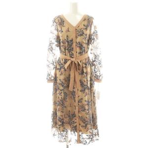 フラワー刺繍フレアワンピース 36 ベージュ