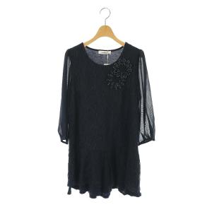 フラワーレース シアースリーブ ワンピース 3 紺 /MI OS