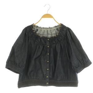 スモッキング刺繍 デニムライクショートシャツブラウス 五分袖 13+ ネイビー /MY OS