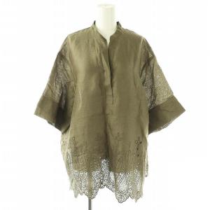 アイレットリネン ブラウス チュニック 刺繍 七分袖 2 カーキ /DF OS