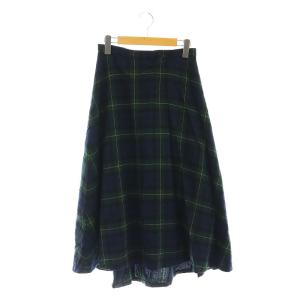 タータンチェック フレアミディスカート ミモレ ロング ウール 36 紺 ネイビー 緑 グリーン /AT
