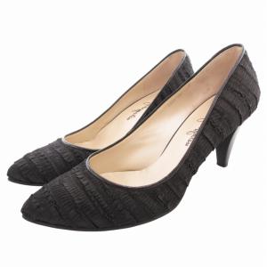 フリルパンプス ヒール ポインテッドトゥ 25cm 黒 ブラック /GV