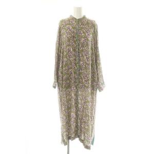 フラワープリントパイピングワンピース ロング 長袖 38 ライトグリーン マルチカラー /DO OS