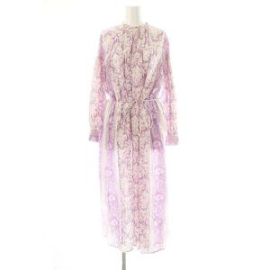 コットンドビーストライプエスニックプリントドレス ワンピース ロング パープル ホワイト /DF OS