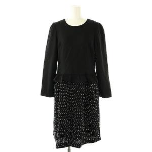 ウール混 ドット柄 ドッキングワンピース ロング ミモレ丈40 ブラック ホワイト /ES OS