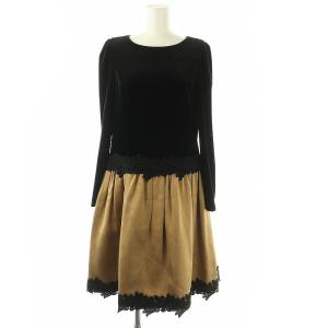 ベロア 切替 ワンピース ひざ丈 40 ブラック キャメル /DF OS