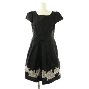 リボン 花柄刺繍 ワンピース 半袖 パニエ付き 40 ブラック オフホワイト /ES OS