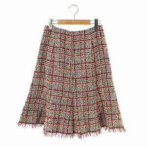 TISSUE ツイード チェックスカート マーメイド フレア モヘヤ混 36 アイボリー 赤 黒 /ES