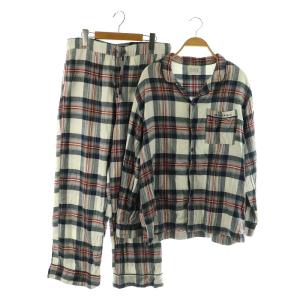 セットアップ上下 チェックシャツ チェックパンツ 刺繍 ルームウェア パジャマ M-L ネイビー レッド