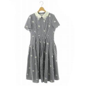 24SS 襟付きフラワー刺繍×ギンガムチェックワンピース ロング 半袖 M ネイビー ホワイト /HK