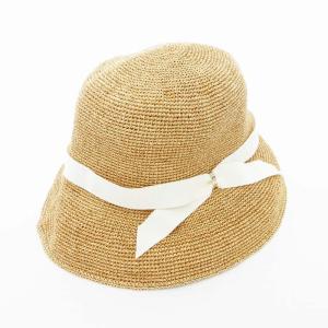 美品 ペーパーブレード中つばハット リボン S M ベージュ /UO