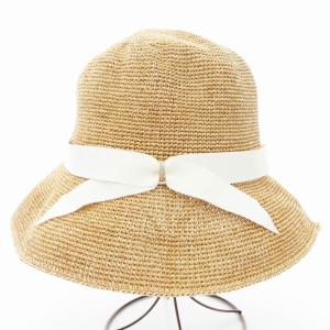 FURLA 美品 ペーパーブレード中つばハット リボン S M ベージュ /UO
