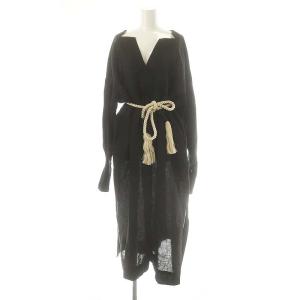 スキッパー 長袖 リネン ワンピース ロング F ブラック /DF OS