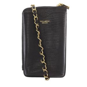 チェーンショルダー付き リザード調レザー スマートフォンポシェット 黒 ブラック /SR