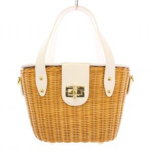 バスケット かごバッグ カゴバッグ ハンドバッグ ターンロック式 編み込み フェイクレザー 切替 茶 ブラウン