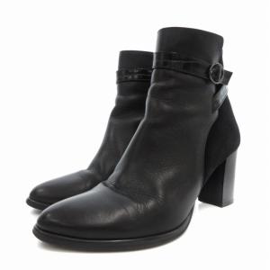 ショートブーツ チャンキーヒール レザー 異素材切替 ベルト 24.5cm 黒 ブラック /FT