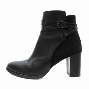 DIANA ショートブーツ チャンキーヒール レザー 異素材切替 ベルト 24.5cm 黒 ブラック /FT