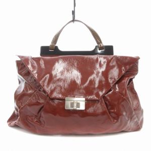 ハンドバッグ トート エナメル ターンロック 切替 茶 ブラウン /FT