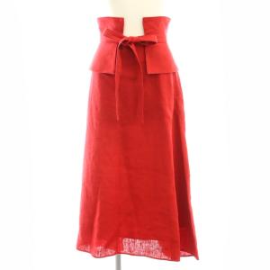 リネン ロングスカート フレア 装飾ベルト付き 38 赤 /MI OS