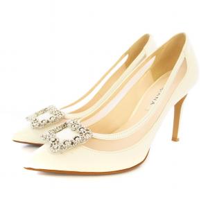 パンプス ポインテッドトゥ ビジューバックル レザー サイドメッシュ 23.5cm 白 ホワイト /KU