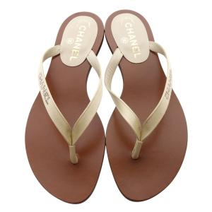 CHANEL ラインストーン トングサンダル 37.5 アイボリー