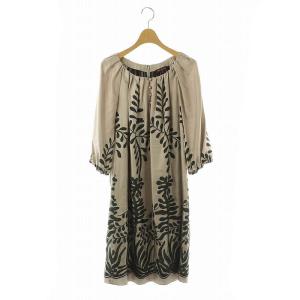 リーフ刺繍ワンピース 七分袖 膝丈 シルク 40 モカ 黒 /NR OS