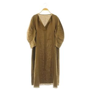 リネン混 ワンピース ロング 七分袖 ギャザー ボリュームスリーブ ブラウン /MY OS