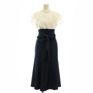 24SS シアーチェックラッフルドッキングワンピース ロング フレンチスリーブ XS ホワイト ネイビー