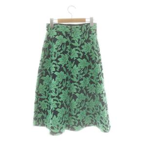 ANAYI 22SS ビッグフラワージャガードフレア スカート ロング 36 ネイビー グリーン /DF OS