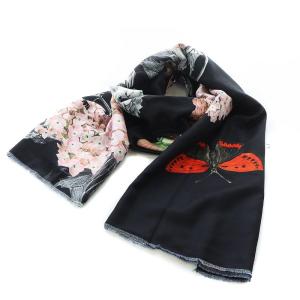 大判ストール 花 蝶々 ライトグレー 黒 ブラック /RI OS