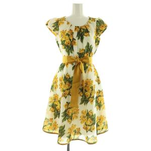 花柄 ショートスリーブ ワンピース 膝丈 フレア タック ベルト付 36 イエロー /MY OS