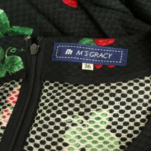 M'S GRACY いちご柄 ショートスリーブ ワンピース ミニ 半袖 リボン付 36 ブラック /MY OS
