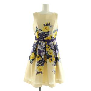 花柄 ノースリーブ ワンピース ミニ タック フレア ベルト付 36 ライトベージュ /MY OS